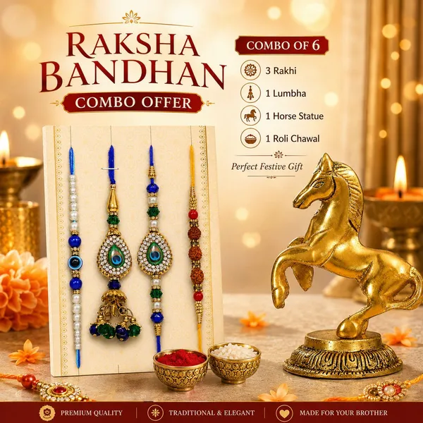 Chhariya_Crafts_Designer_Bhaiya_Bhabhi_Rakhi_Combo_Gift_Set_Assorted,_Gold_Finish,_Jute,_Pearl,_Plastic_(PVC),_Zardosi_Rakhi,_Showpiece,_Lumba,_Chawal_Roli_Pack__Set_(1_Metal_Horse_Showpiece,_1_Chawal_Roli_Pack,_1_Designer_Lumba,_3_Designer_Rakhi)
