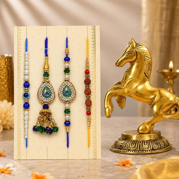 Chhariya_Crafts_Designer_Bhaiya_Bhabhi_Rakhi_Combo_Gift_Set_Assorted,_Gold_Finish,_Jute,_Pearl,_Plastic_(PVC),_Zardosi_Rakhi,_Showpiece,_Lumba,_Chawal_Roli_Pack__Set_(1_Metal_Horse_Showpiece,_1_Chawal_Roli_Pack,_1_Designer_Lumba,_3_Designer_Rakhi)