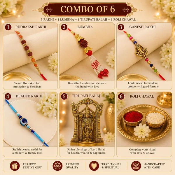 Chhariya_Crafts_Designer_Bhaiya_Bhabhi_Rakhi_Combo_Gift_Set_Assorted,_Gold_Finish,_Jute,_Pearl,_Plastic_(PVC),_Zardosi_Rakhi,_Showpiece,_Lumba,_Chawal_Roli_Pack__Set_(1_Metal_Tirupati_Idol,_1_Chawal_Roli_Pack,_1_Designer_Lumba,_3_Designer_Rakhi)