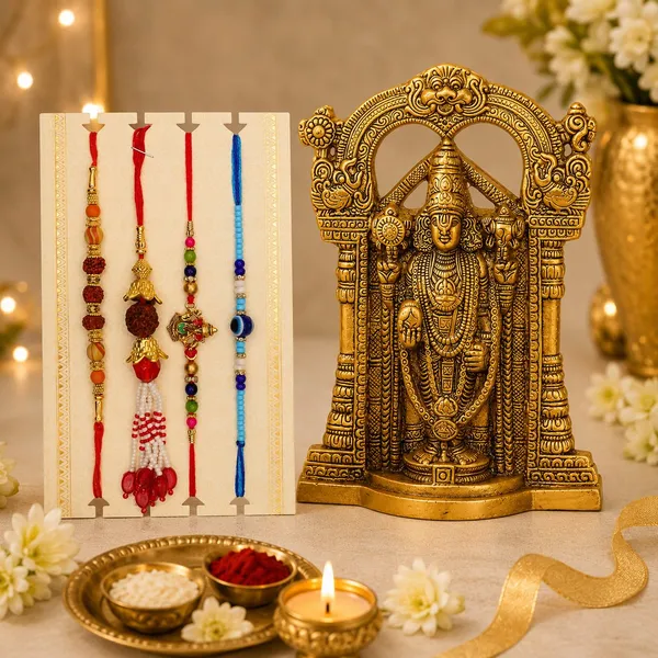 Chhariya_Crafts_Designer_Bhaiya_Bhabhi_Rakhi_Combo_Gift_Set_Assorted,_Gold_Finish,_Jute,_Pearl,_Plastic_(PVC),_Zardosi_Rakhi,_Showpiece,_Lumba,_Chawal_Roli_Pack__Set_(1_Metal_Tirupati_Idol,_1_Chawal_Roli_Pack,_1_Designer_Lumba,_3_Designer_Rakhi)