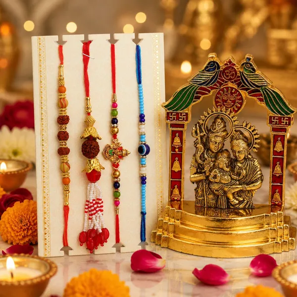 Chhariya_Crafts_Designer_Bhaiya_Bhabhi_Rakhi_Combo_Gift_Set_Assorted,_Gold_Finish,_Jute,_Pearl,_Plastic_(PVC),_Zardosi_Rakhi,_Showpiece,_Lumba,_Chawal_Roli_Pack__Set_(1_Metal_Shivparivar_Idol,_1_Chawal_Roli_Pack,_1_Designer_Lumba,_3_Designer_Rakhi)