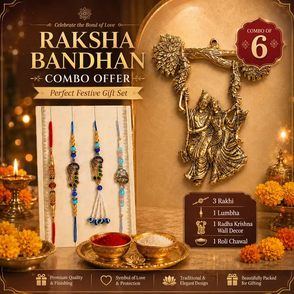 Chhariya_Crafts_Designer_Bhaiya_Bhabhi_Rakhi_Combo_Gift_Set_Assorted,_Gold_Finish,_Jute,_Pearl,_Plastic_(PVC),_Zardosi_Rakhi,_Showpiece,_Lumba,_Chawal_Roli_Pack__Set_(1_Radha_Krishna_Murti,_1_Chawal_Roli_Pack,_1_Designer_Lumba,_3_Designer_Rakhi)