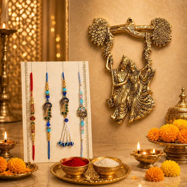 Chhariya_Crafts_Designer_Bhaiya_Bhabhi_Rakhi_Combo_Gift_Set_Assorted,_Gold_Finish,_Jute,_Pearl,_Plastic_(PVC),_Zardosi_Rakhi,_Showpiece,_Lumba,_Chawal_Roli_Pack__Set_(1_Radha_Krishna_Murti,_1_Chawal_Roli_Pack,_1_Designer_Lumba,_3_Designer_Rakhi)