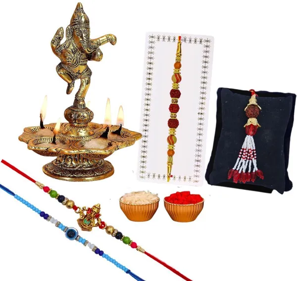 Chhariya_Crafts_Designer_Bhaiya_Bhabhi_Rakhi_Combo_Gift_Set_Assorted,_Gold_Finish,_Jute,_Pearl,_Plastic_(PVC),_Zardosi_Rakhi,_Showpiece,_Lumba,_Chawal_Roli_Pack__Set_(1_Metal_Ganesh_Idol,_1_Chawal_Roli_Pack,_1_Designer_Lumba,_3_Designer_Rakhi)