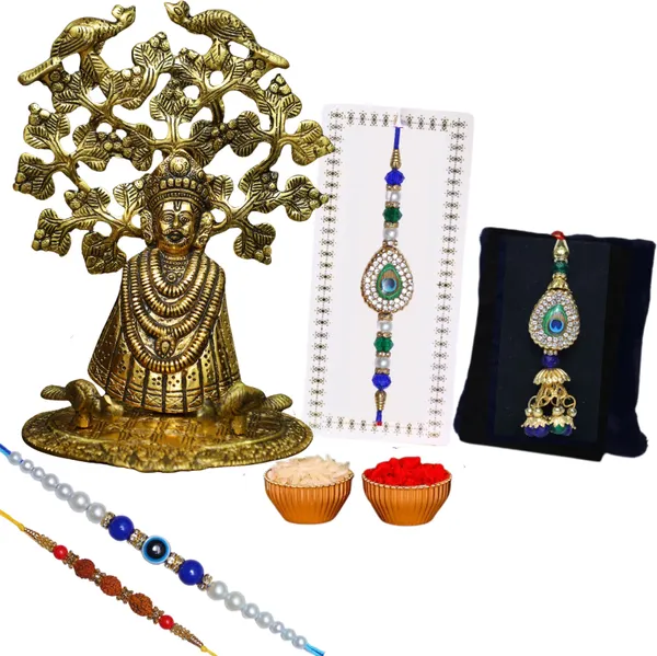Chhariya_Crafts_Designer_Bhaiya_Bhabhi_Rakhi_Combo_Gift_Set_Assorted,_Gold_Finish,_Jute,_Pearl,_Plastic_(PVC),_Zardosi_Rakhi,_Showpiece,_Lumba,_Chawal_Roli_Pack__Set_(1_Metal_Khatushyam_Ji_Idol,_1_Chawal_Roli_Pack,_1_Designer_Lumba,_3_Designer_Rakhi)