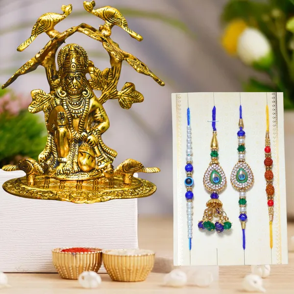 Chhariya_Crafts_Designer_Bhaiya_Bhabhi_Rakhi_Combo_Gift_Set_Assorted,_Gold_Finish,_Jute,_Pearl,_Plastic_(PVC),_Zardosi_Rakhi,_Showpiece,_Lumba,_Chawal_Roli_Pack__Set_(1_Metal_Hanuman_Idol,_1_Chawal_Roli_Pack,_1_Designer_Lumba,_3_Designer_Rakhi)