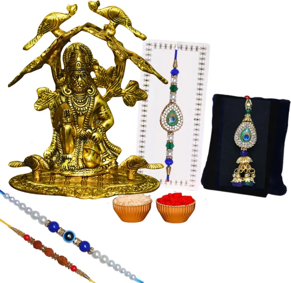 Chhariya_Crafts_Designer_Bhaiya_Bhabhi_Rakhi_Combo_Gift_Set_Assorted,_Gold_Finish,_Jute,_Pearl,_Plastic_(PVC),_Zardosi_Rakhi,_Showpiece,_Lumba,_Chawal_Roli_Pack__Set_(1_Metal_Hanuman_Idol,_1_Chawal_Roli_Pack,_1_Designer_Lumba,_3_Designer_Rakhi)
