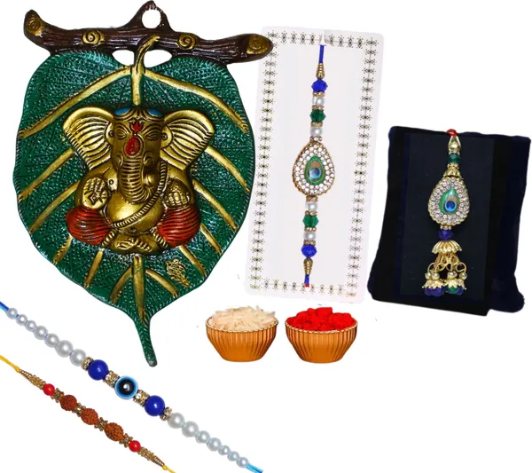 Chhariya_Crafts_Designer_Bhaiya_Bhabhi_Rakhi_Combo_Gift_Set_Assorted,_Gold_Finish,_Jute,_Pearl,_Plastic_(PVC),_Zardosi_Rakhi,_Showpiece,_Lumba,_Chawal_Roli_Pack__Set_(1_Metal_Ganesha_Showpieces,_1_Chawal_Roli_Pack,_1_Designer_Lumba,_3_Designer_Rakhi)
