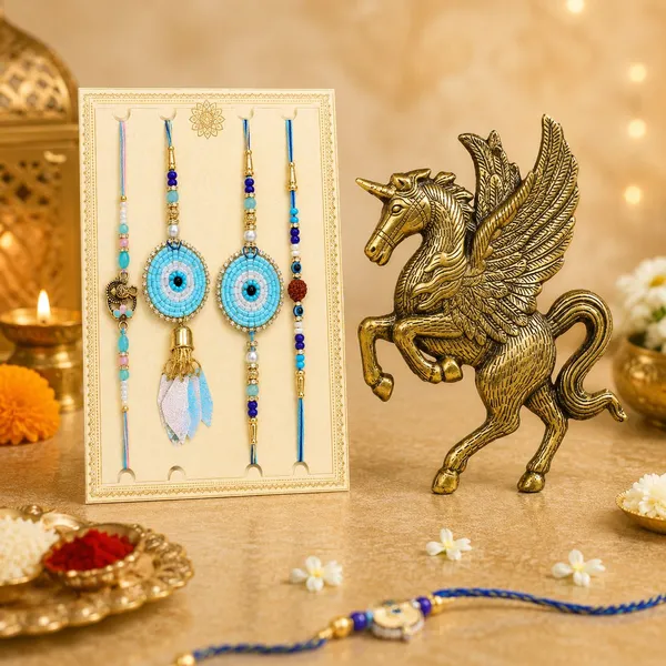 Chhariya_Crafts_Designer_Bhaiya_Bhabhi_Rakhi_Combo_Gift_Set_Assorted,_Gold_Finish,_Jute,_Pearl,_Plastic_(PVC),_Zardosi_Rakhi,_Showpiece,_Lumba,_Chawal_Roli_Pack__Set_(1_Metal_Horse_Statue,_1_Chawal_Roli_Pack,_1_Designer_Lumba,_3_Designer_Rakhi)