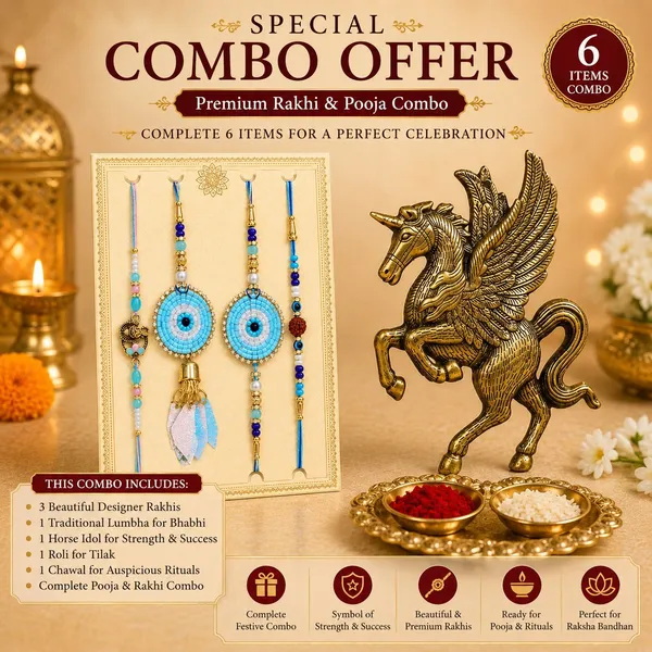 Chhariya_Crafts_Designer_Bhaiya_Bhabhi_Rakhi_Combo_Gift_Set_Assorted,_Gold_Finish,_Jute,_Pearl,_Plastic_(PVC),_Zardosi_Rakhi,_Showpiece,_Lumba,_Chawal_Roli_Pack__Set_(1_Metal_Horse_Statue,_1_Chawal_Roli_Pack,_1_Designer_Lumba,_3_Designer_Rakhi)