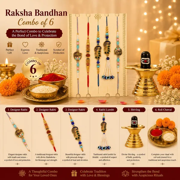 Chhariya_Crafts_Designer_Bhaiya_Bhabhi_Rakhi_Combo_Gift_Set_Assorted,_Gold_Finish,_Jute,_Pearl,_Plastic_(PVC),_Zardosi_Rakhi,_Showpiece,_Lumba,_Chawal_Roli_Pack__Set_(1_Metal_Shivling_Idol,_1_Chawal_Roli_Pack,_1_Designer_Lumba,_3_Designer_Rakhi)