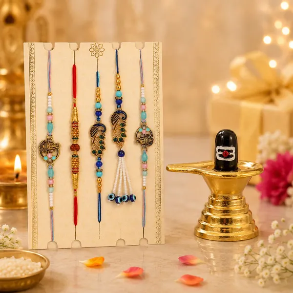 Chhariya_Crafts_Designer_Bhaiya_Bhabhi_Rakhi_Combo_Gift_Set_Assorted,_Gold_Finish,_Jute,_Pearl,_Plastic_(PVC),_Zardosi_Rakhi,_Showpiece,_Lumba,_Chawal_Roli_Pack__Set_(1_Metal_Shivling_Idol,_1_Chawal_Roli_Pack,_1_Designer_Lumba,_3_Designer_Rakhi)