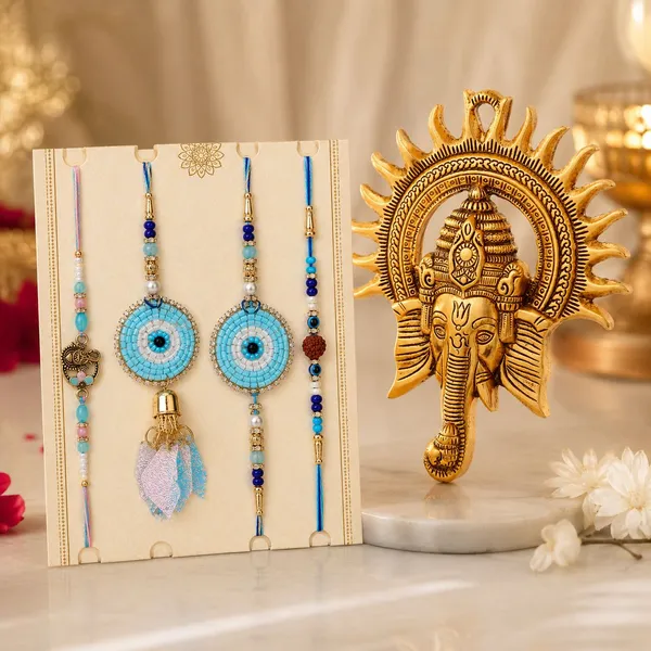 Chhariya_Crafts_Designer_Bhaiya_Bhabhi_Rakhi_Combo_Gift_Set_Assorted,_Gold_Finish,_Jute,_Pearl,_Plastic_(PVC),_Zardosi_Rakhi,_Showpiece,_Lumba,_Chawal_Roli_Pack__Set_(1_Metal_Ganesha_Murti,_1_Chawal_Roli_Pack,_1_Designer_Lumba,_3_Designer_Rakhi)