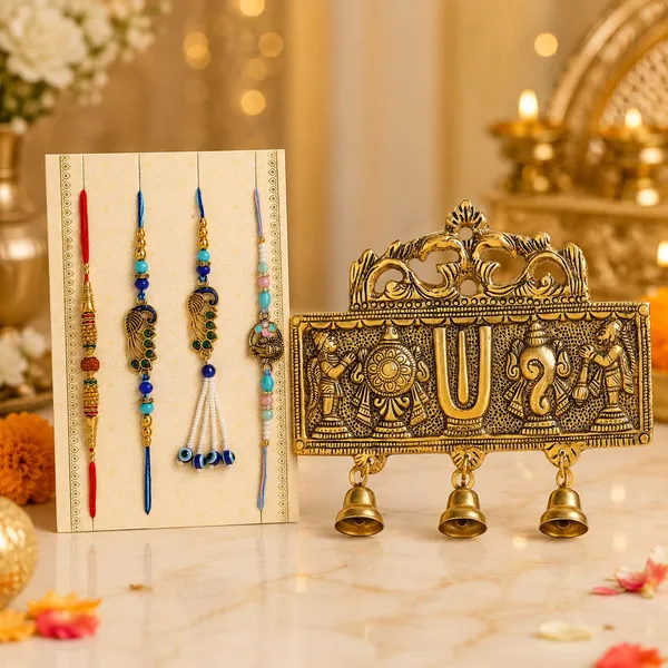 Chhariya_Crafts_Designer_Bhaiya_Bhabhi_Rakhi_Combo_Gift_Set_Assorted,_Gold_Finish,_Jute,_Pearl,_Plastic_(PVC),_Zardosi_Rakhi,_Showpiece,_Lumba,_Chawal_Roli_Pack__Set_(1_Tirupati_Balaji_idol,_1_Chawal_Roli_Pack,_1_Designer_Lumba,_3_Designer_Rakhi)
