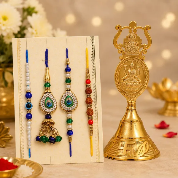 Chhariya_Crafts_Bhaiya_Bhabhi_Bhaiya_Bhabhi_Rakhi_Combo_Gift_Set_Assorted,_Gold_Finish,_Jute,_Pearl,_Plastic_(PVC),_Zardosi_Rakhi,_Showpiece,_Lumba,_Chawal_Roli_Pack__Set_(1_Metal_Pooja_Bell,_1_Chawal_Roli_Pack,_1_Designer_Lumba,_3_Designer_Rakhi)