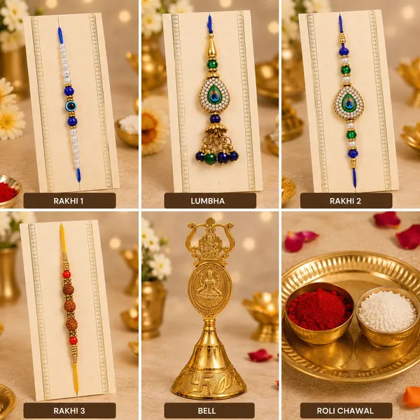 Chhariya_Crafts_Bhaiya_Bhabhi_Bhaiya_Bhabhi_Rakhi_Combo_Gift_Set_Assorted,_Gold_Finish,_Jute,_Pearl,_Plastic_(PVC),_Zardosi_Rakhi,_Showpiece,_Lumba,_Chawal_Roli_Pack__Set_(1_Metal_Pooja_Bell,_1_Chawal_Roli_Pack,_1_Designer_Lumba,_3_Designer_Rakhi)