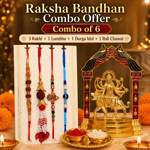 Chhariya_Crafts_Bhaiya_Bhabhi_Bhaiya_Bhabhi_Rakhi_Combo_Gift_Set_Gold_Finish,_Jute,_Pearl,_Plastic_(PVC),_Zardosi_Rakhi,_Showpiece,_Lumba,_Chawal_Roli_Pack__Set_(1_Metal_Durga_Ji_Idol,_1_Chawal_Roli_Pack,_1_Designer_Lumba,_3_Designer_Rakhi)