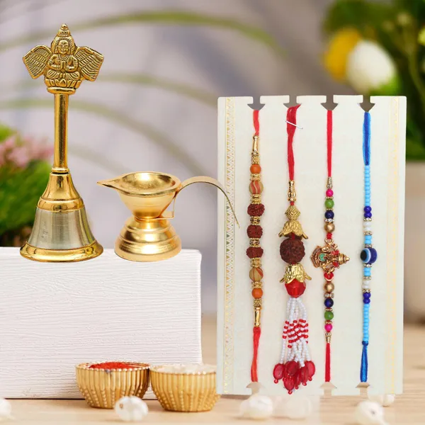 Chhariya_Crafts_Bhaiya_Bhabhi_Bhaiya_Bhabhi_Rakhi_Combo_Gift_Set_Assorted,_Gold_Finish,_Jute,_Pearl,_Plastic_(PVC),_Zardosi_Rakhi,_Showpiece,_Lumba,_Chawal_Roli_Pack__Set_(1_Diya_Set,_1_Chawal_Roli_Pack,_1_Designer_Lumba,_3_Designer_Rakhi)