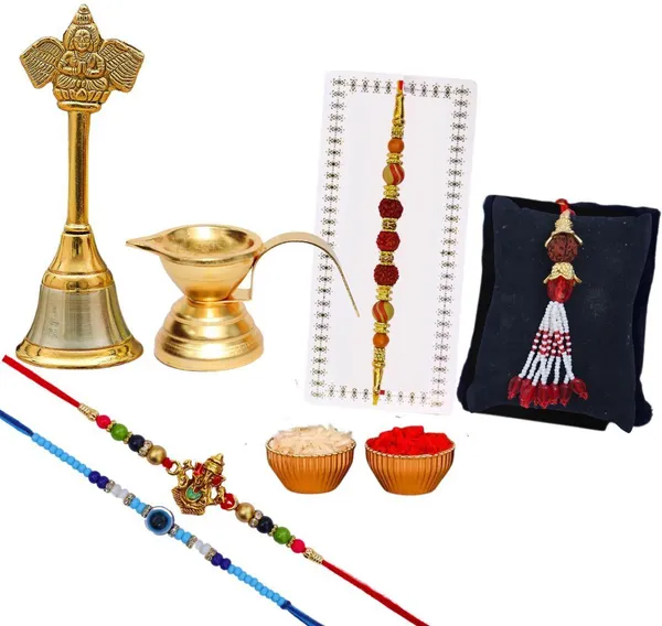 Chhariya_Crafts_Bhaiya_Bhabhi_Bhaiya_Bhabhi_Rakhi_Combo_Gift_Set_Assorted,_Gold_Finish,_Jute,_Pearl,_Plastic_(PVC),_Zardosi_Rakhi,_Showpiece,_Lumba,_Chawal_Roli_Pack__Set_(1_Diya_Set,_1_Chawal_Roli_Pack,_1_Designer_Lumba,_3_Designer_Rakhi)