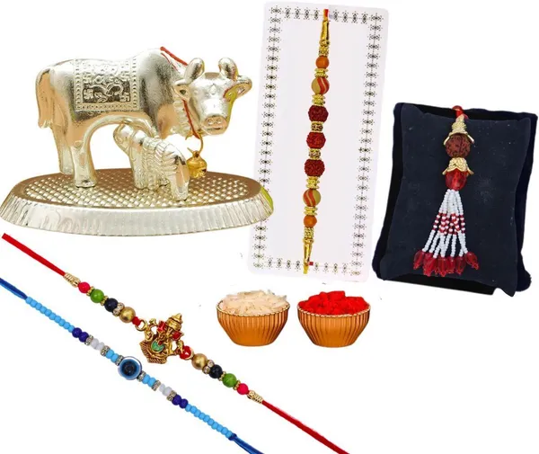 Chhariya_Crafts_Bhaiya_Bhabhi_Bhaiya_Bhabhi_Rakhi_Combo_Gift_Set_Assorted,_Gold_Finish,_Jute,_Pearl,_Plastic_(PVC),_Zardosi_Rakhi,_Showpiece,_Lumba,_Chawal_Roli_Pack__Set_(1_Metal_Cow_Showpieces,_1_Chawal_Roli_Pack,_1_Designer_Lumba,_3_Designer_Rakhi)