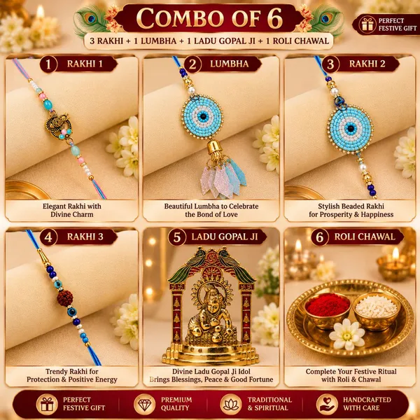 Chhariya_Crafts_Bhaiya_Bhabhi_Bhaiya_Bhabhi_Rakhi_Combo_Gift_Set_Assorted,_Gold_Finish,_Jute,_Plastic_(PVC),_Zardosi_Rakhi,_Showpiece,_Lumba,_Chawal_Roli_Pack__Set_(1_Metal_Krishna_Idol,_1_Chawal_Roli_Pack,_1_Designer_Lumba,_3_Designer_Rakhi)