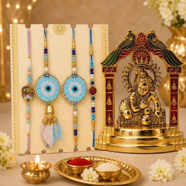 Chhariya_Crafts_Bhaiya_Bhabhi_Bhaiya_Bhabhi_Rakhi_Combo_Gift_Set_Assorted,_Gold_Finish,_Jute,_Plastic_(PVC),_Zardosi_Rakhi,_Showpiece,_Lumba,_Chawal_Roli_Pack__Set_(1_Metal_Krishna_Idol,_1_Chawal_Roli_Pack,_1_Designer_Lumba,_3_Designer_Rakhi)