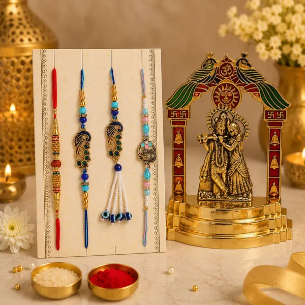Chhariya_Crafts_Bhaiya_Bhabhi_Bhaiya_Bhabhi_Rakhi_Combo_Gift_Set_Gold_Finish,_Jute,_Pearl,_Plastic_(PVC),_Zardosi_Rakhi,_Showpiece,_Lumba,_Chawal_Roli_Pack__Set_(1_Radha_Krishna_Idol,_1_Chawal_Roli_Pack,_1_Designer_Lumba,_3_Designer_Rakhi)