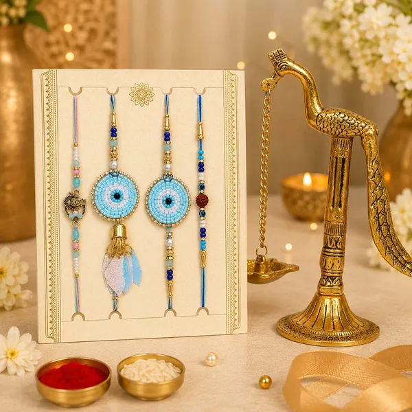 Chhariya_Crafts_Bhaiya_Bhabhi_Bhaiya_Bhabhi_Rakhi_Combo_Gift_Set_Assorted,_Gold_Finish,_Jute,_Pearl,_Plastic_(PVC),_Zardosi_Rakhi,_Showpiece,_Lumba,_Chawal_Roli_Pack__Set_(1_Metal_Diya_Showpieces,_1_Chawal_Roli_Pack,_1_Designer_Lumba,_3_Designer_Rakhi)