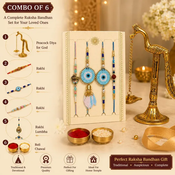 Chhariya_Crafts_Bhaiya_Bhabhi_Bhaiya_Bhabhi_Rakhi_Combo_Gift_Set_Assorted,_Gold_Finish,_Jute,_Pearl,_Plastic_(PVC),_Zardosi_Rakhi,_Showpiece,_Lumba,_Chawal_Roli_Pack__Set_(1_Metal_Diya_Showpieces,_1_Chawal_Roli_Pack,_1_Designer_Lumba,_3_Designer_Rakhi)