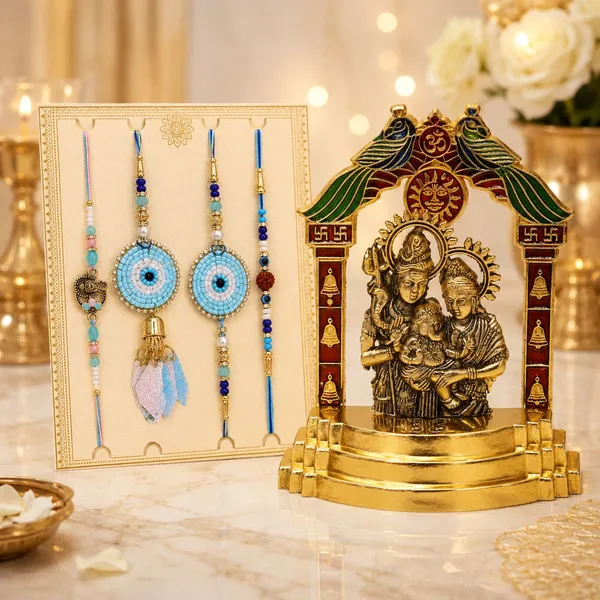 Chhariya_Crafts_Bhaiya_Bhabhi_Bhaiya_Bhabhi_Rakhi_Combo_Gift_Set_Assorted,_Gold_Finish,_Jute,_Pearl,_Plastic_(PVC),_Zardosi_Rakhi,_Showpiece,_Lumba,_Chawal_Roli_Pack__Set_(1_Metal_Shivparivar_Murti,_1_Chawal_Roli_Pack,_1_Designer_Lumba,_3_Designer_Rakhi)