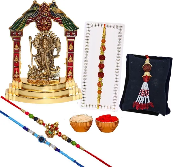 Chhariya_Crafts_Bhaiya_Bhabhi_Bhaiya_Bhabhi_Rakhi_Combo_Gift_Set_Assorted,_Gold_Finish,_Jute,_Pearl,_Plastic_(PVC),_Zardosi_Rakhi,_Showpiece,_Lumba,_Chawal_Roli_Pack__Set_(1_Metal_Kali_Idol,_1_Chawal_Roli_Pack,_1_Designer_Lumba,_3_Designer_Rakhi)