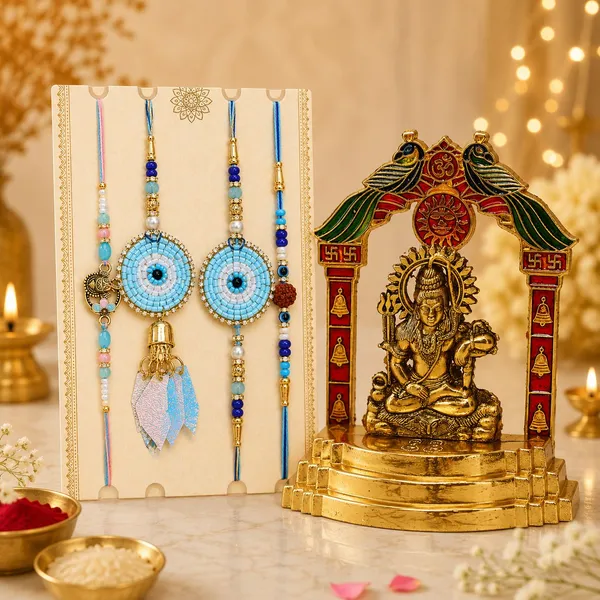 Chhariya_Crafts_Bhaiya_Bhabhi_Bhaiya_Bhabhi_Rakhi_Combo_Gift_Set_Assorted,_Gold_Finish,_Jute,_Pearl,_Plastic_(PVC),_Zardosi_Rakhi,_Showpiece,_Lumba,_Chawal_Roli_Pack__Set_(1_Metal_Mahadev_Murti,_1_Chawal_Roli_Pack,_1_Designer_Lumba,_3_Designer_Rakhi)