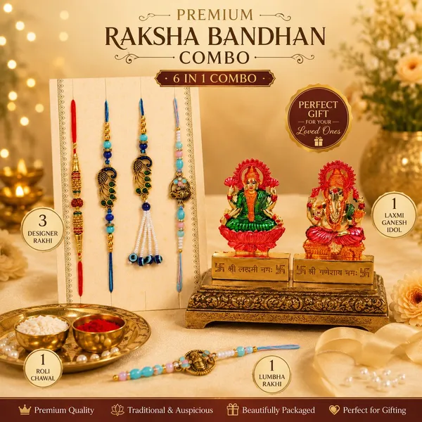 Chhariya_Crafts_Bhaiya_Bhabhi_Bhaiya_Bhabhi_Rakhi_Combo_Gift_Set_Assorted,_Gold_Finish,_Jute,_Pearl,_Plastic_(PVC),_Zardosi_Rakhi,_Showpiece,_Lumba,_Chawal_Roli_Pack__Set_(1_Metal_Laxmi_Ganesh_Murti,_1_Chawal_Roli_Pack,_1_Designer_Lumba,_3_Designer_Rakhi)