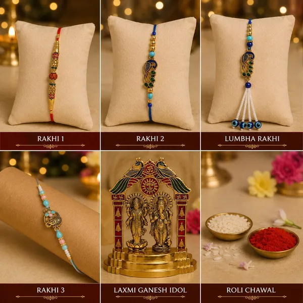 Chhariya_Crafts_Bhaiya_Bhabhi_Bhaiya_Bhabhi_Rakhi_Combo_Gift_Set_Assorted,_Gold_Finish,_Jute,_Pearl,_Plastic_(PVC),_Zardosi_Rakhi,_Showpiece,_Lumba,_Chawal_Roli_Pack__Set_(1_Metal_Laxmi_Ganesh_Idol,_1_Chawal_Roli_Pack,_1_Designer_Lumba,_3_Designer_Rakhi)