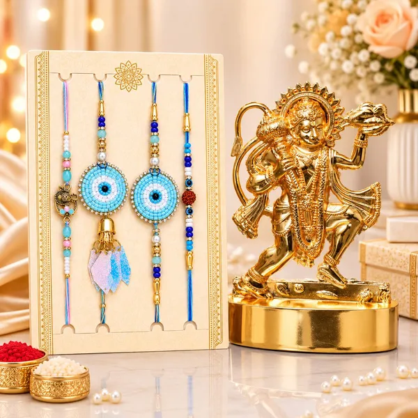 Chhariya_Crafts_Bhaiya_Bhabhi_Bhaiya_Bhabhi_Rakhi_Combo_Gift_Set_Assorted,_Gold_Finish,_Jute,_Pearl,_Plastic_(PVC),_Zardosi_Rakhi,_Showpiece,_Lumba,_Chawal_Roli_Pack__Set_(1_Hanuman_Idol,_1_Chawal_Roli_Pack,_1_Designer_Lumba,_3_Designer_Rakhi)