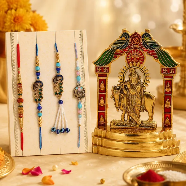 Chhariya_Crafts_Bhaiya_Bhabhi_Bhaiya_Bhabhi_Rakhi_Combo_Gift_Set_Assorted,_Gold_Finish,_Jute,_Pearl,_Plastic_(PVC),_Zardosi_Rakhi,_Showpiece,_Lumba,_Chawal_Roli_Pack__Set_(1_Metal_Krishna_With_Cow,_1_Chawal_Roli_Pack,_1_Designer_Lumba,_3_Designer_Rakhi)
