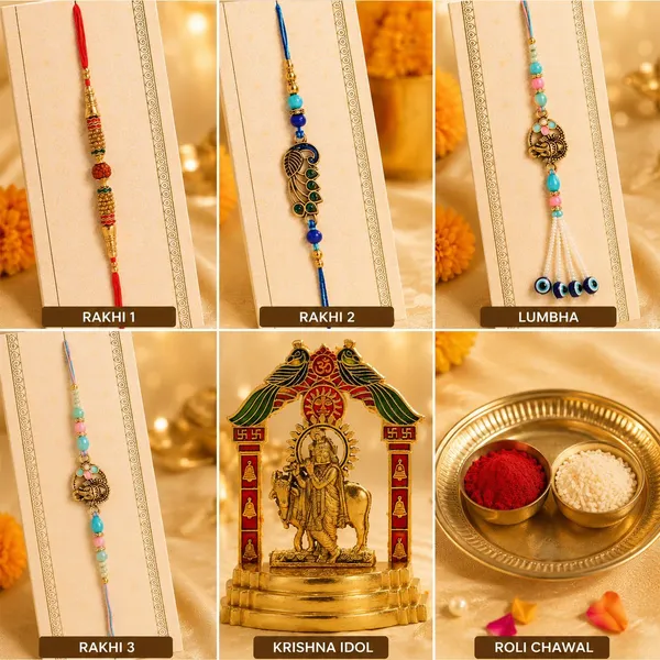 Chhariya_Crafts_Bhaiya_Bhabhi_Bhaiya_Bhabhi_Rakhi_Combo_Gift_Set_Assorted,_Gold_Finish,_Jute,_Pearl,_Plastic_(PVC),_Zardosi_Rakhi,_Showpiece,_Lumba,_Chawal_Roli_Pack__Set_(1_Metal_Krishna_With_Cow,_1_Chawal_Roli_Pack,_1_Designer_Lumba,_3_Designer_Rakhi)