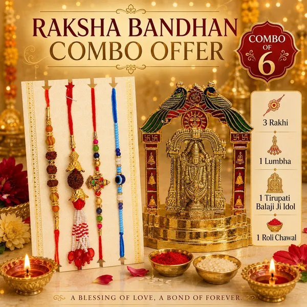 Chhariya_Crafts_Bhaiya_Bhabhi_Bhaiya_Bhabhi_Rakhi_Combo_Gift_Set_Assorted,_Gold_Finish,_Jute,_Pearl,_Plastic_(PVC),_Zardosi_Rakhi,_Showpiece,_Lumba,_Chawal_Roli_Pack__Set_(1_Metal_Venkateshwara_Idol,_1_Chawal_Roli_Pack,_1_Designer_Lumba,_3_Designer_Rakhi)