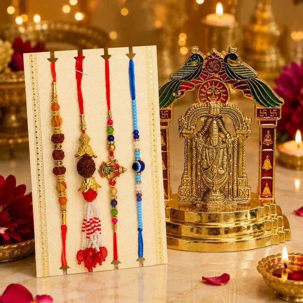 Chhariya_Crafts_Bhaiya_Bhabhi_Bhaiya_Bhabhi_Rakhi_Combo_Gift_Set_Assorted,_Gold_Finish,_Jute,_Pearl,_Plastic_(PVC),_Zardosi_Rakhi,_Showpiece,_Lumba,_Chawal_Roli_Pack__Set_(1_Metal_Venkateshwara_Idol,_1_Chawal_Roli_Pack,_1_Designer_Lumba,_3_Designer_Rakhi)