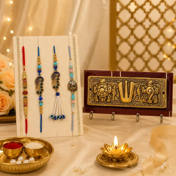 Chhariya_Crafts_Designer_Sankh_Chakr_Tilak_Key_Holder_Rakhi_Set_Gold_Showpiece,_Key_Holder,_Rakhi,_Lumba,_Chawal_Roli_Pack__Set_(3_Rakhi,_1_Lumbha,_1_Key_Holder,_1_Roli_Chawal)