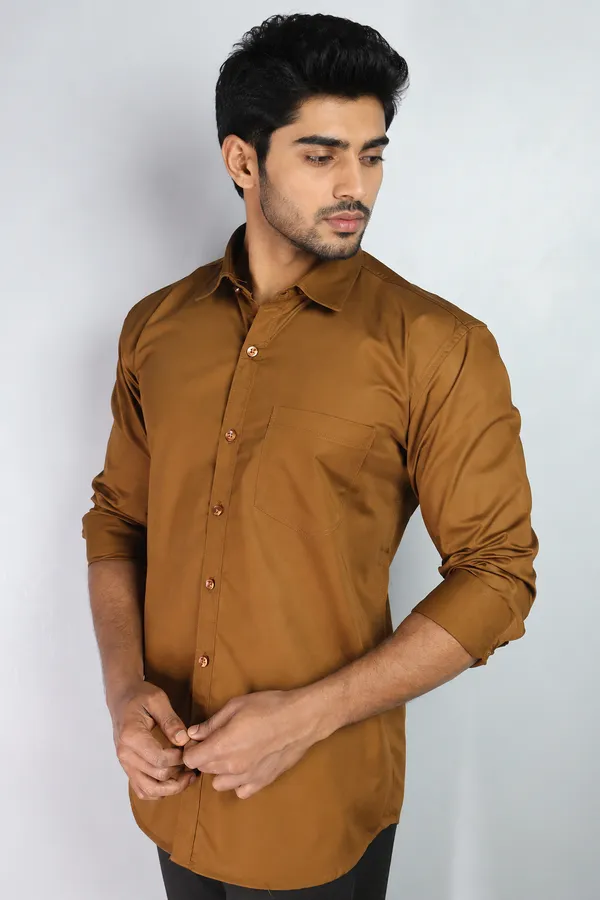 Brown_Cotton_Blend_Slim_Fit_Casual_Shirt_Solid_Satin_Full_Sleeve_For_Men
