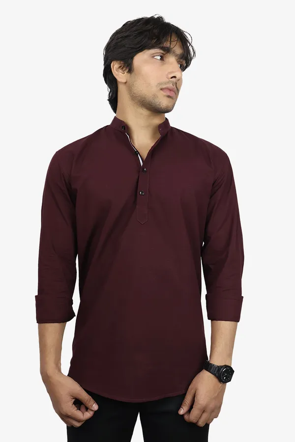 Maroon_Cotton_Blend_Slim_Fit_Premium_Mandarin_Collar_Casual_Shirt_For_Men