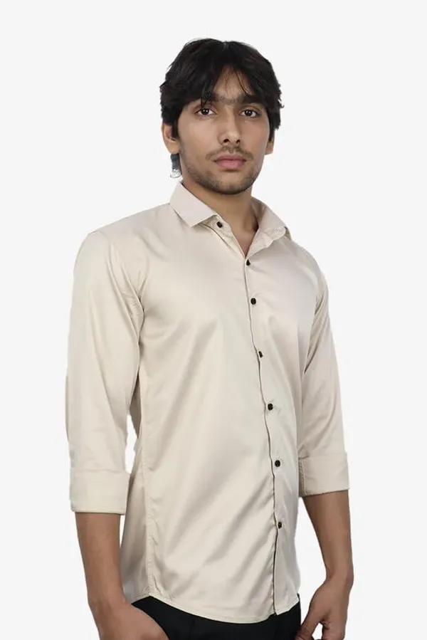 Cream_Satin_Slim_Fit_Casual_Shirt_Solid_Silk_Full_Sleeve_For_Men