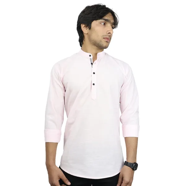 Pink_Cotton_Blend_Slim_Fit_Short_Kurta_Solid_Linen_Kurta_Mandarin_Collar_Full_Sleeve_For_Men