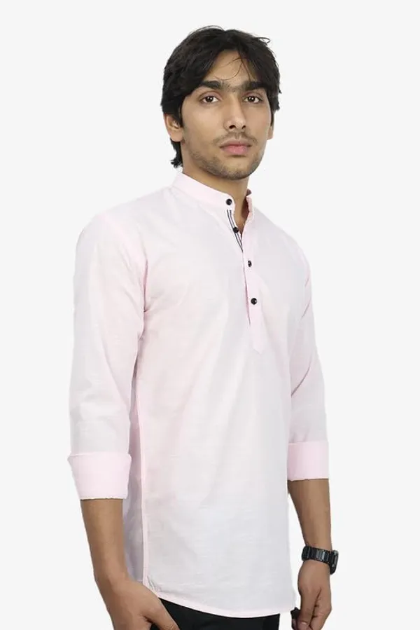 Pink_Cotton_Blend_Slim_Fit_Short_Kurta_Solid_Linen_Kurta_Mandarin_Collar_Full_Sleeve_For_Men