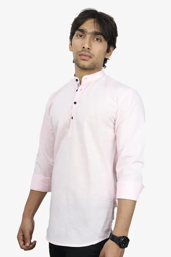 Pink_Cotton_Blend_Slim_Fit_Short_Kurta_Solid_Linen_Kurta_Mandarin_Collar_Full_Sleeve_For_Men