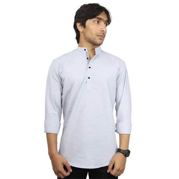 Grey_Cotton_Blend_Slim_Fit_Short_Kurta_Solid_Linen_Kurta_Mandarin_Collar_Full_Sleeve_For_Men