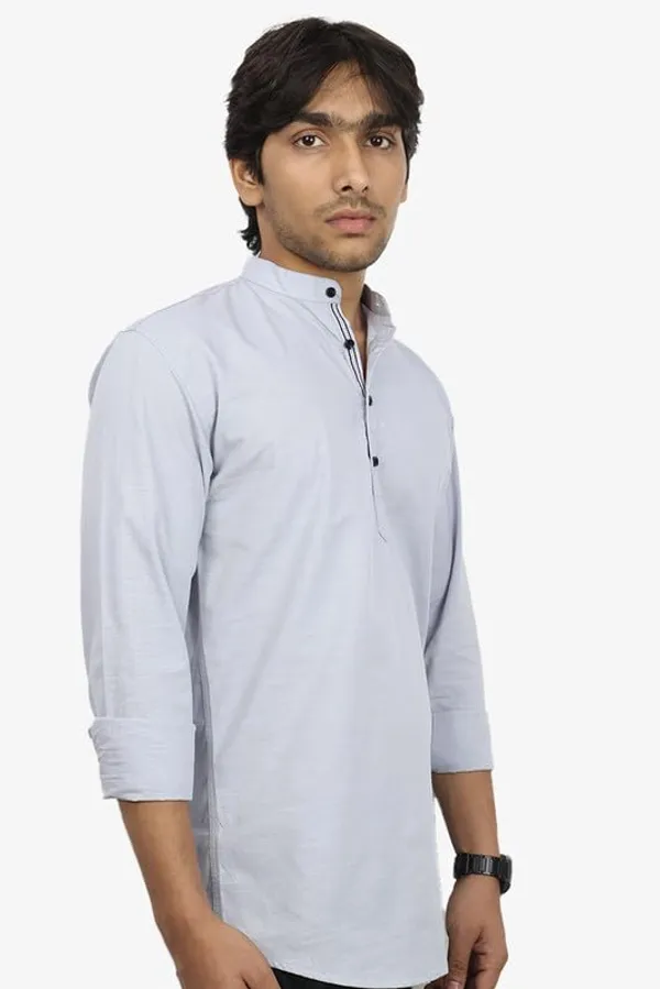 Grey_Cotton_Blend_Slim_Fit_Short_Kurta_Solid_Linen_Kurta_Mandarin_Collar_Full_Sleeve_For_Men