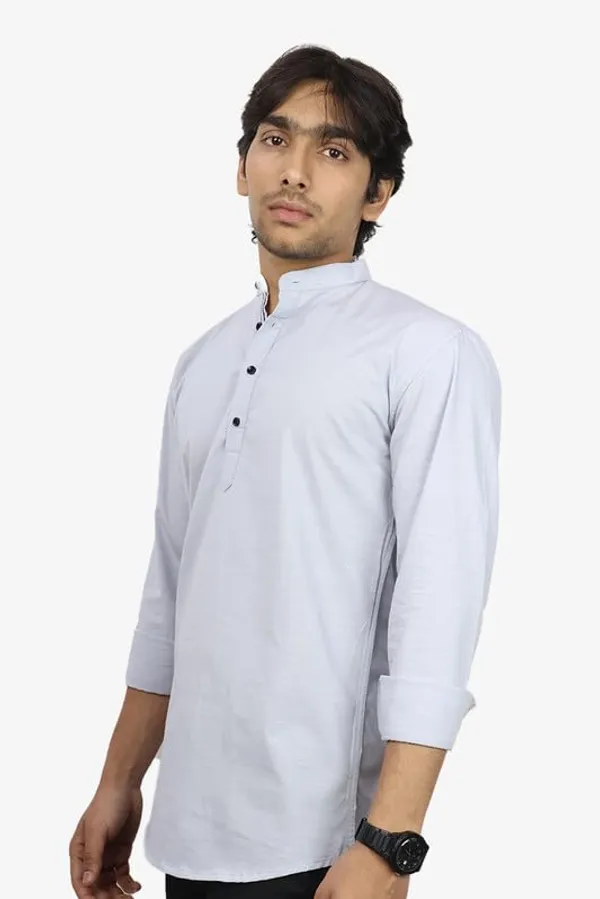Grey_Cotton_Blend_Slim_Fit_Short_Kurta_Solid_Linen_Kurta_Mandarin_Collar_Full_Sleeve_For_Men