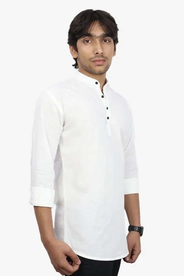 White_Cotton_Blend_Slim_Fit_Short_Kurta_Solid_Linen_Kurta_Mandarin_Collar_Full_Sleeve_For_Men